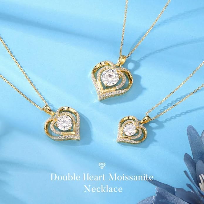 MOOSEA Valentines Day Gifts for Her - 925 Sterling Silver Double Heart Moissanite Pendant Necklace, 1-3 Carat D Color VVS1 Clarity Moissanite, Anniversary Birthday Gift for Women Mom Wife Girlfriend