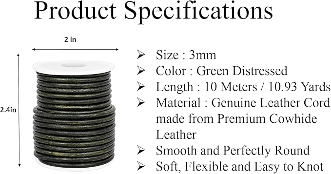 GENIQUE Real/Genuine Round Leather String Cord for Necklace, Bracelets, Jewelry, Kumihimo Braiding, DIY Projects (10 Metres) (3mm, Green Distressed)