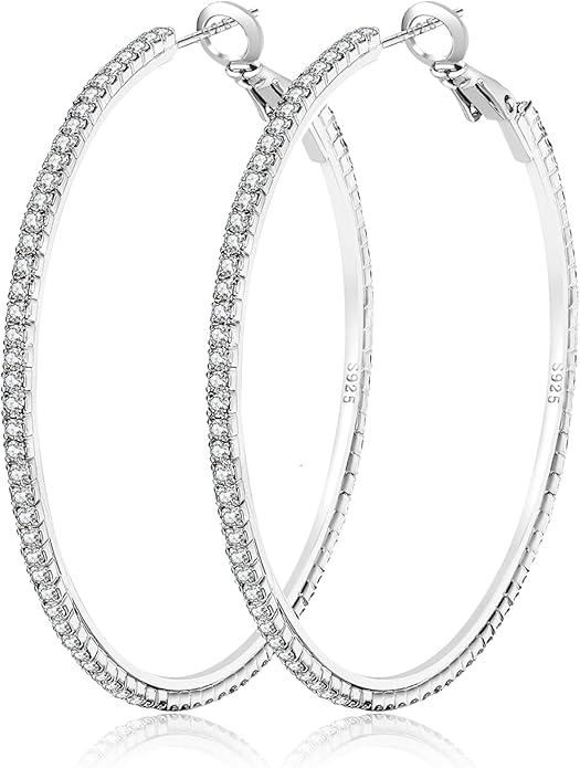 925 Sterling Silver Earrings Large Rhinestone Hoop Earrings Big Cubic Zirconia Hoop Earrings Thin Rhinestones Round Hoop Earrings for Women 20/30/40/50/60/70mm Sparkly Hoops With Crystals for Womens