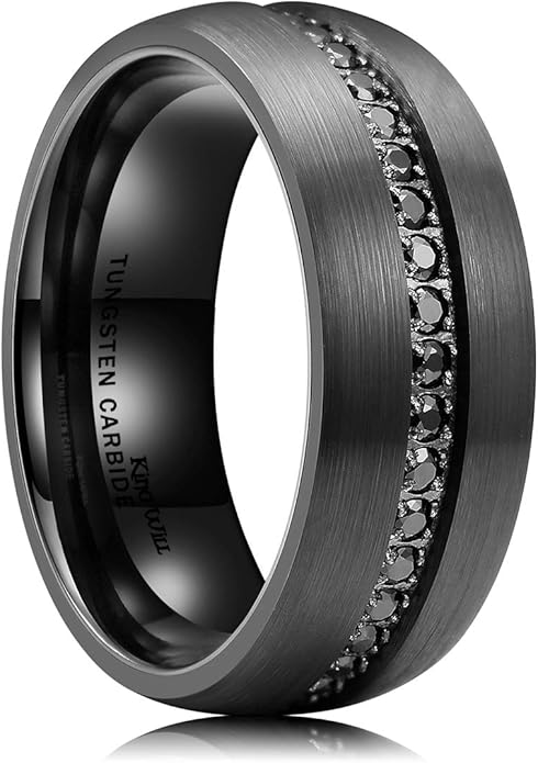 King Will Mens Tungsten Wedding Band with Cubic Zircon Inlay 7mm/8mm Flat Cut Comfort Fit Engagement Rings