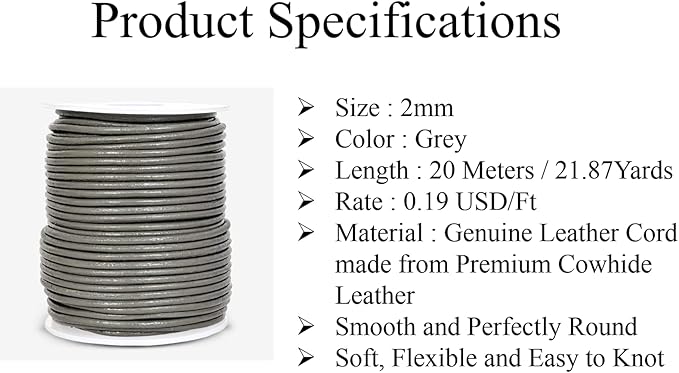 GENIQUE Real/Genuine Round Leather String Cord for Necklace, Bracelets, Jewelry, Kumihimo Braiding, DIY Projects (20 Metres) (2mm, Grey)