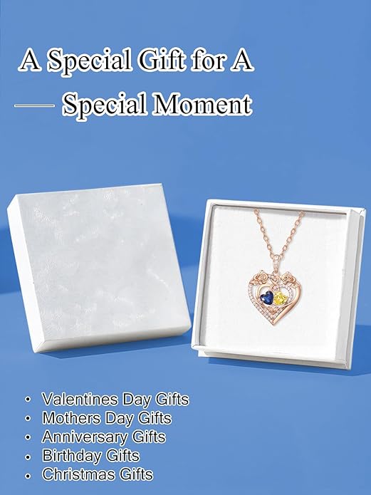 JIYVY32 Rose Heart Necklace for Women Exquisite 925 Sterling Silver Anniversary Birthday Gifts for Wife Mom Her Double Birthstone Pendant Jewelry