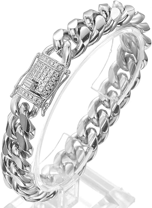 Jxlepe Mens Miami Cuban Link Chain White 15mm Stainless Steel Curb Necklace with cz Diamond Chain Choker