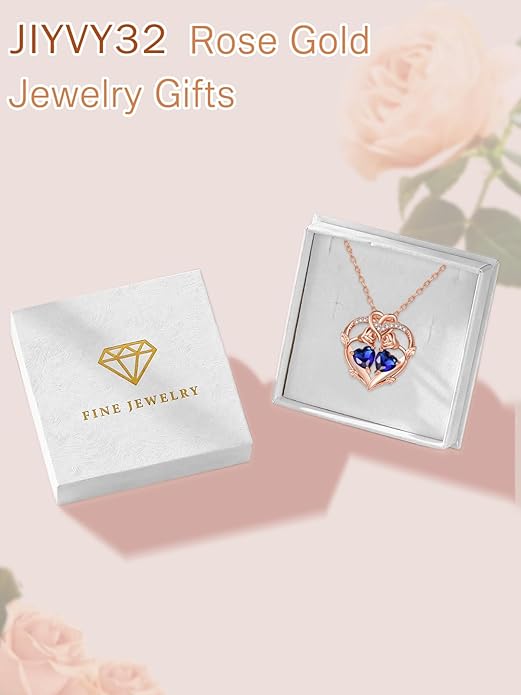 Rose Gold Necklaces for Women Double Birthstone Rose Flower Heart Pendant Necklace Jewelry Anniversary Christmas Valentine's Mother's Day Birthday Gift for Wife Mom Her Girlfriend Sister