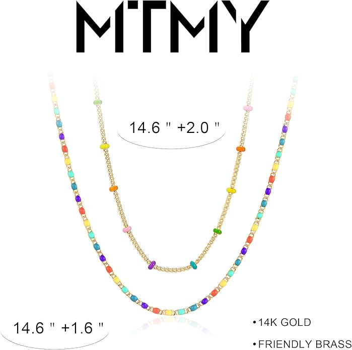 MTMY Beaded Necklaces for Women 14K Gold Plated Dainty Colorful Green/Rose Beaded Pearl Choker Necklace Delicate Boho Choker Necklace Jewelry Gift
