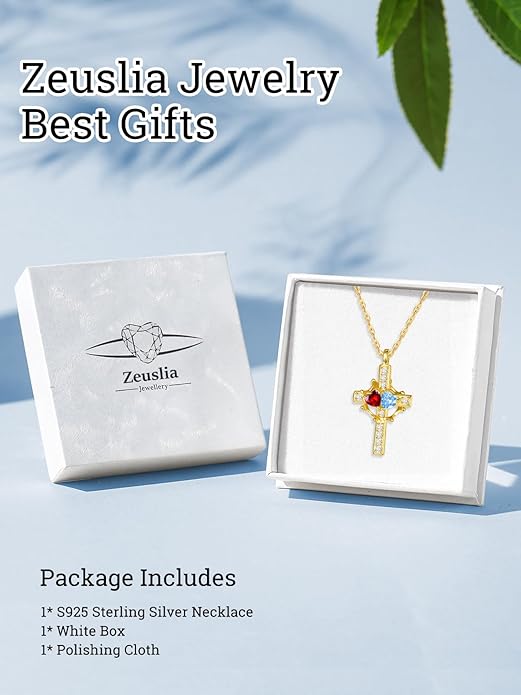 Zeuslia Double Birthstone Necklace Gifts for Wife - 925 Sterling Silver Sunflower/Rose/Crown Cross/Compass/Heart Pendant I Love You Necklace, Anniversary Birthday Gifts for Wife Girlfriend Mom Her
