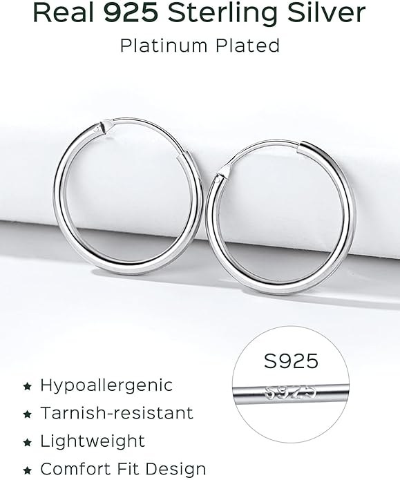 ChicSilver Hypoallergenic 925 Sterling Silver Hoop Earrings for Women, Lightweight Large Gold Plated Hoop Earrings, Endless Hoops Huggie Earrings 15/20/30/50/70MM