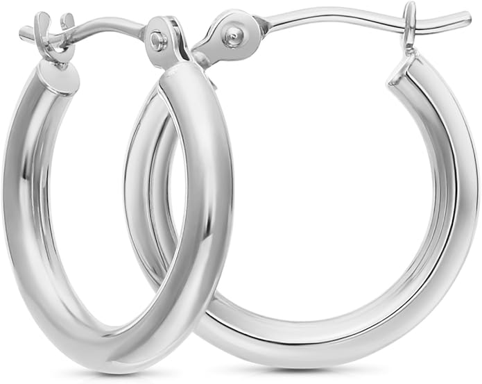 14k White Gold Polished Real Gold Hoop Earrings, Plain Round Gold Hoops, White Gold Hoop Earrings