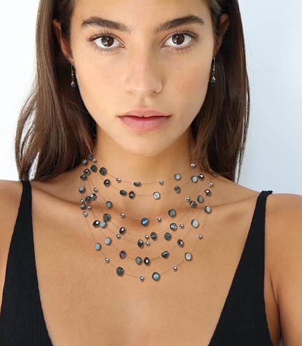 Multi-Layer Boho Shell Beaded Necklace for Women Colorful Crystal Strand with Silver Beads Statement Collars Necklace and Earrings Costumes Jewelry Sets for Women