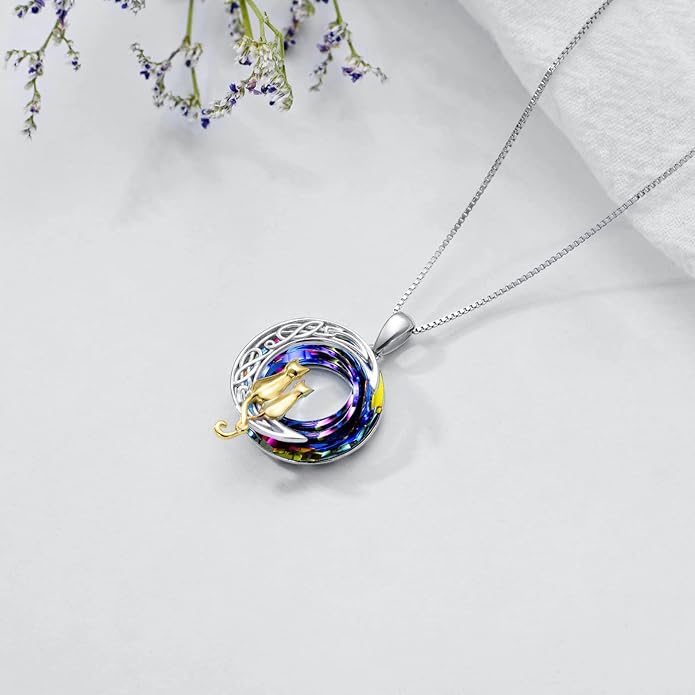 TOUPOP Christmas Cat Gifts for Cats Lovers One Two Three Four Cats Necklace Sterling Silver Cats on the Moon Pendant Necklace with Blue Circle Crystal Birthday Christmas Celtic Jewelry Gifts for Women