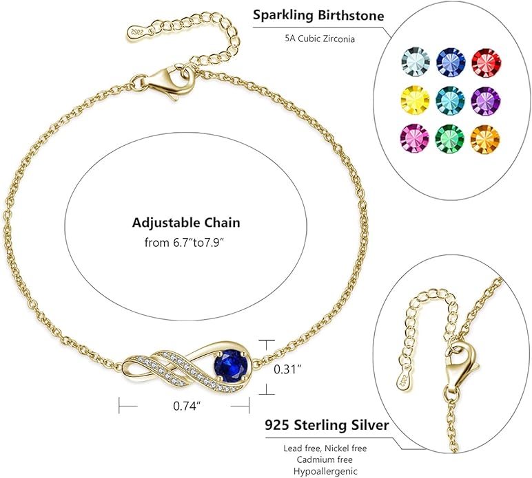 Birthstone Bracelets for Women 925 Sterling Silver Created Gemstone Bracelet Infinity Pendant Jewelry for Her, 6.7"+1.2"