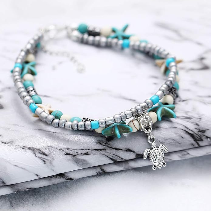 Starain Blue Turtle Anklets for Women Multilayer Beads Handmade Beach Ankle Bracelet Set Boho Foot Jewelry