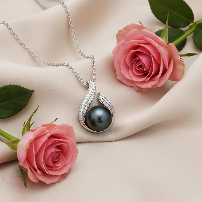 TRYNDI Real Tahitian Black Pearl Necklace Gifts for Women - Larger 11-12mm Luxury Pearl Womens Jewelry, Romantic Valentines Gift for Wife from Husband- Wedding Anniversary, Birthday, Mothers Day, Valentine Necklace for Girlfriend, Fiance & Soulmate