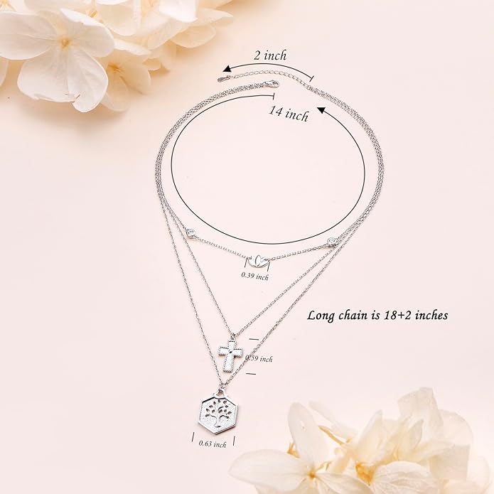 Layered Necklaces for Women 925 Sterling Silver Cross Triple Long Chain Pendant Necklace Lotus Tree of Life Pendant Necklace for Women Jewelry