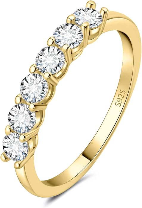 JewelryPalace 6 Stone Cubic Zirconia Half Eternity Stackable Wedding Rings for Women, 14K White Yellow Rose Gold Plated 925 Sterling Silver Promise Rings for Her, Simulated Diamond Wedding Band Ring