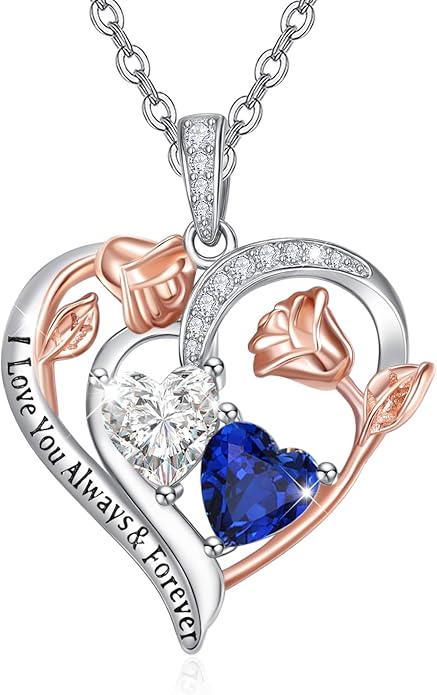 Zeuslia Double Birthstone Necklace Gifts for Wife - 925 Sterling Silver Sunflower/Rose/Crown Cross/Compass/Heart Pendant I Love You Necklace, Anniversary Birthday Gifts for Wife Girlfriend Mom Her