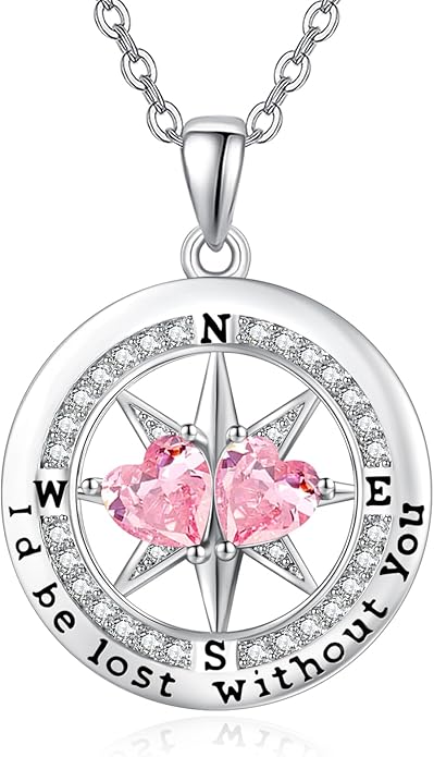 Compass Birthstones Necklace for Women, Exquisite Anniversary Birthday Gifts for Wife Her Double Birthstone Pendant jewelry ‘I'd be Lost Without You’
