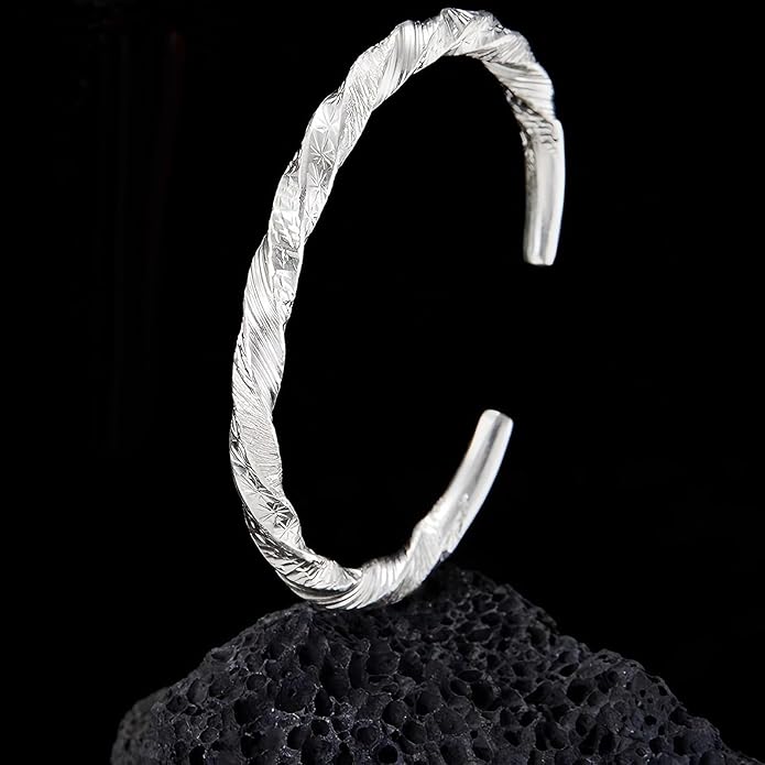 Kim Carrey S925 Sterling Silver Bracelet, Open Bangle Cuff Design, Men's Stacked Bracelets Gift Jewelry for My Man