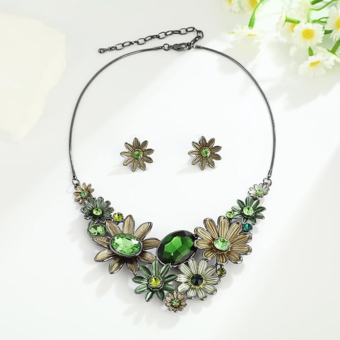 Chunky Statement Jewelry Set Vintage Retro Leaf Flower Floral Geometric Bohemian Boho Bib Necklace Earring Set Fashion Costume Jewelry for Women Girls Wedding Party Prom Unique Gift