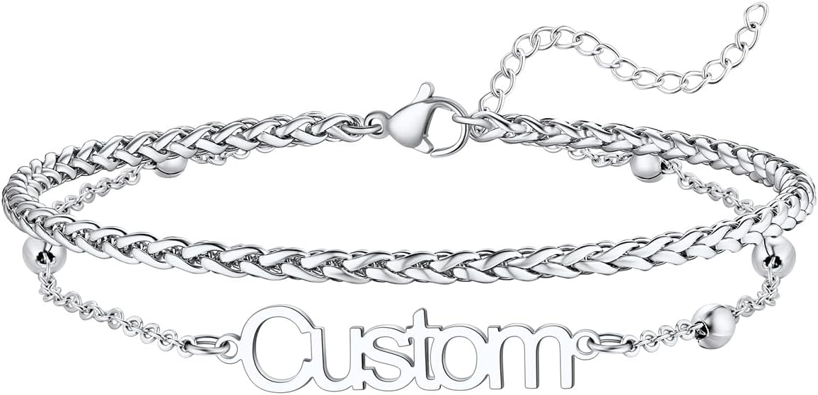 U7 Custom Layered Ankle Bracelets for Women Stainless Steel Bead/Cuban/Figaro/Rope/Wheat Chain Anklet Waterproof Anklet Jewelry for Beach Vacation