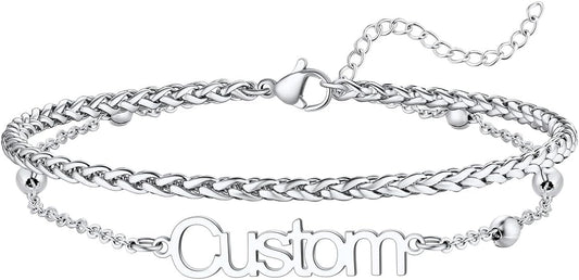U7 Custom Layered Ankle Bracelets for Women Stainless Steel Bead/Cuban/Figaro/Rope/Wheat Chain Anklet Waterproof Anklet Jewelry for Beach Vacation
