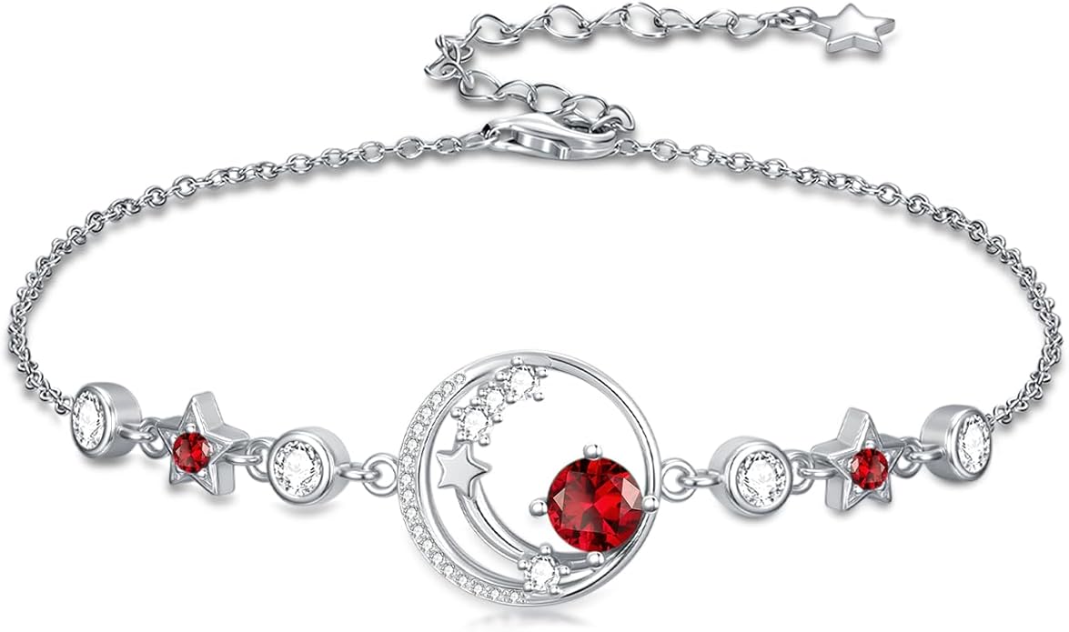 Moon and Star Birthstone Charm Link Bracelet 925 Sterling Silver Moon and Star Bracelet with 12 Months Birthstone Birthday Jewelry Gifts for Women Mom Her,Chain Length 7"+2" Extend