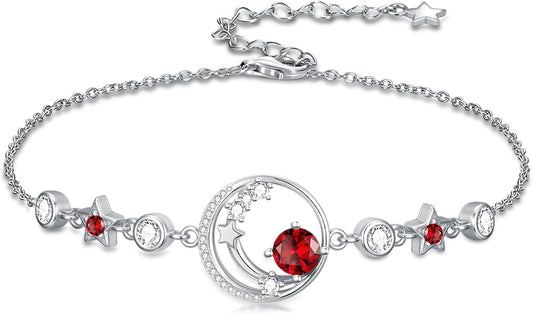 Moon and Star Birthstone Charm Link Bracelet 925 Sterling Silver Moon and Star Bracelet with 12 Months Birthstone Birthday Jewelry Gifts for Women Mom Her,Chain Length 7"+2" Extend