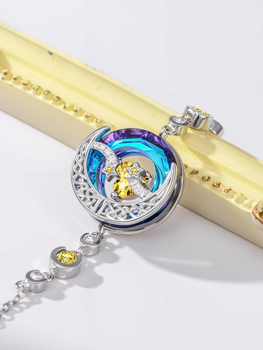 TOUPOP Birthstone Bracelet Moon and Star Bracelet 925 Sterling Silver Blue Crystal Jewelry Birthday Christmas Gifts for Women