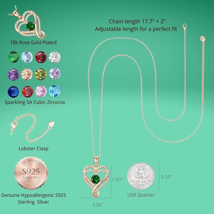 Birthstone Infinity Heart Necklace for Women Wife Girlfriend Mom Daughter Gifts S925 Silver Jewelry For Anniversary Rose Gold Gifts For Birthday Christmas Mothers Valentines Day