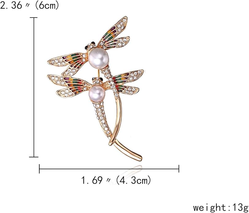 AILUOR Elegant Dragonfly Brooch Pins, Gold Tone Austrian Crystal Colorful Enamel Double Dragonfly Simulated Pearl Rhinestone Brooch Jewelry