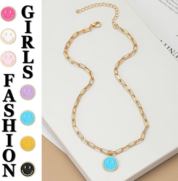 Smile Pendant Necklace Smile Face Chain Necklace Paperclip Necklace Cute Round Pendant Necklace Preppy Jewelry for Women Girls