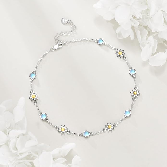CRMAD 925 Sterling Silver Daisy/Sunflower Moonstone Anklet Daisy Flower Ankle Bracelet for Women Beach Dainty Jewelry