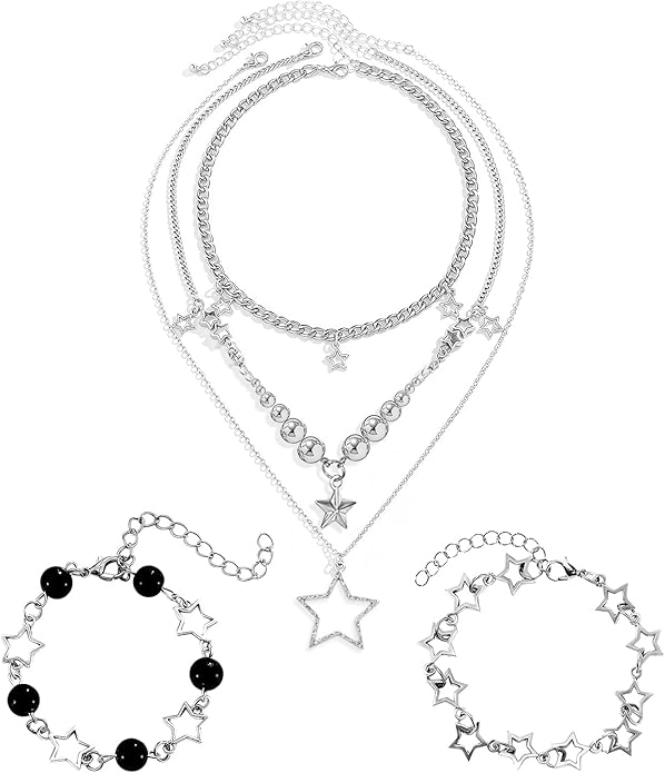 Molirex 12 Pcs Y2k Accessories Set Grunge Layered Necklace, 3 Star Chains with 6 Rings Vintage Silver Jewelry for Women