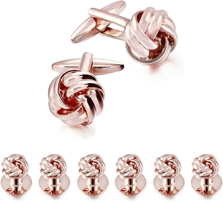 HAWSON Knot Cufflinks and Shirt Studs for Men in Gold or Silver Tone, Matching with White and Black Tuxedo, Suitable for Wedding Day or Formal Occasion.