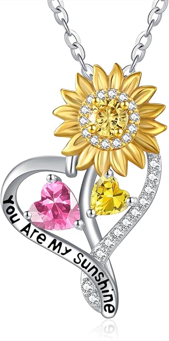 Zeuslia Double Birthstone Necklace Gifts for Wife - 925 Sterling Silver Sunflower/Rose/Crown Cross/Compass/Heart Pendant I Love You Necklace, Anniversary Birthday Gifts for Wife Girlfriend Mom Her