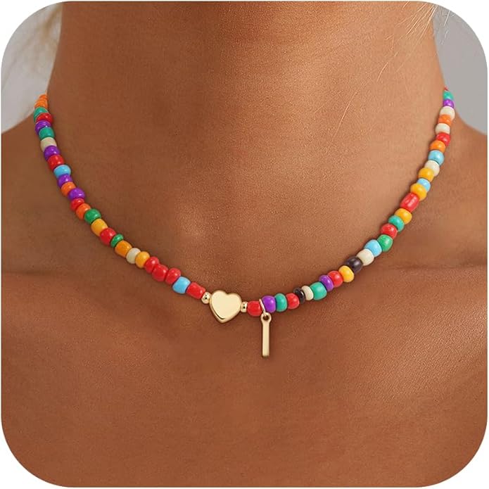 Colorful Initial Necklaces for Girls Women Kids - Teen Girls Gifts Trendy Stuff Beaded Initial Necklace Dainty Letter Choker Necklace for Girl Gifts Jewelry