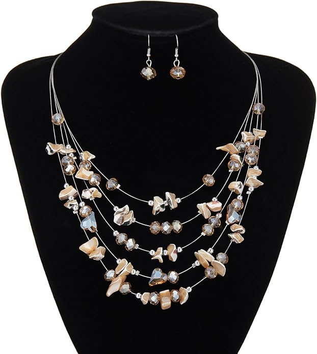 Multi-Layer Boho Shell Beaded Necklace for Women Colorful Crystal Strand with Silver Beads Statement Collars Necklace and Earrings Costumes Jewelry Sets for Women