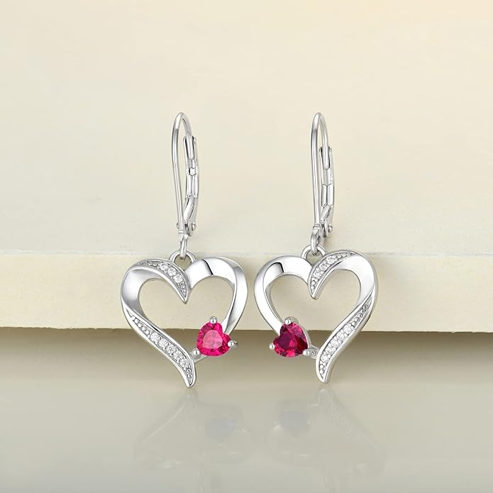 YL Heart Dangle Earrings 925 Sterling Silver Drop Earrings Birthstone Leverback Jewelry for Women