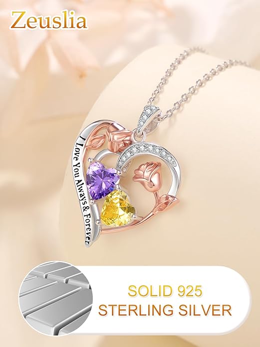 Zeuslia Double Birthstone Necklace Gifts for Wife - 925 Sterling Silver Sunflower/Rose/Crown Cross/Compass/Heart Pendant I Love You Necklace, Anniversary Birthday Gifts for Wife Girlfriend Mom Her