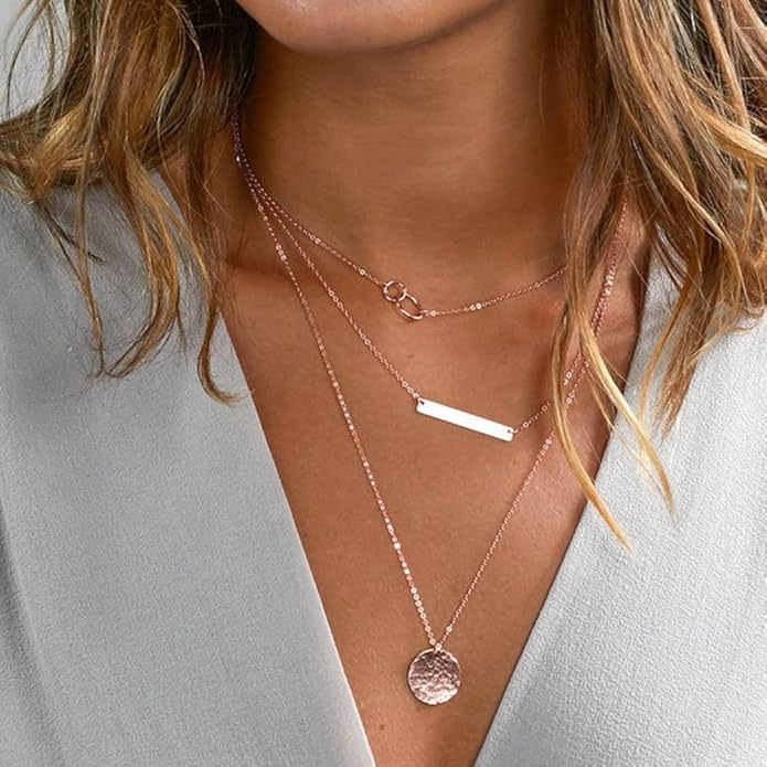 Turandoss Dainty Layered Choker Necklace, Handmade Y Pendant Necklace Multilayer Bar Disc Necklace Adjustable Layering Choker Necklaces for Women