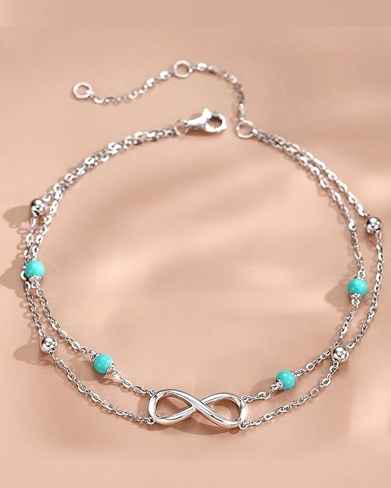 FANCIME Ankle Bracelets For Women, 925 Sterling Silver Infinity Layered Anklet Adjustable Turquoise Beaded Chain Beach Jewelry Gifts for Women