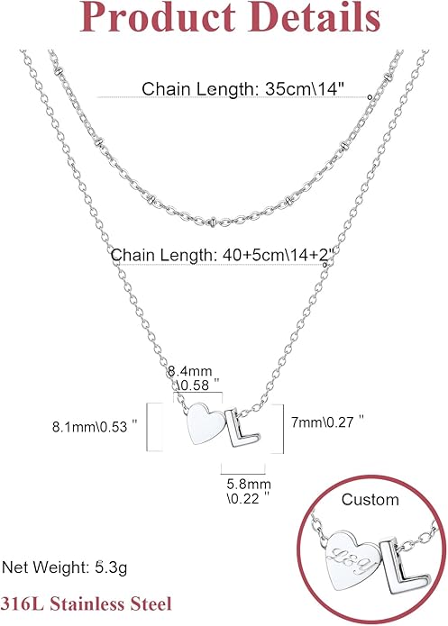 FOCALOOK Layered Initial Necklace for Women, 14K Gold Plated Choker Necklaces Stacks with Initial A-Z, Dainty Silver Heart Pendant Necklace Personalized Birthday Women Jewelry