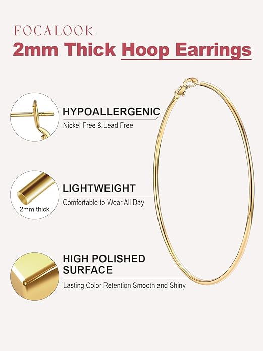 FOCALOOK 14K Gold Plated Lightweight Large Hoops| 2mm Thin Hoop Earrings for Women 30/40/50/70/100mm