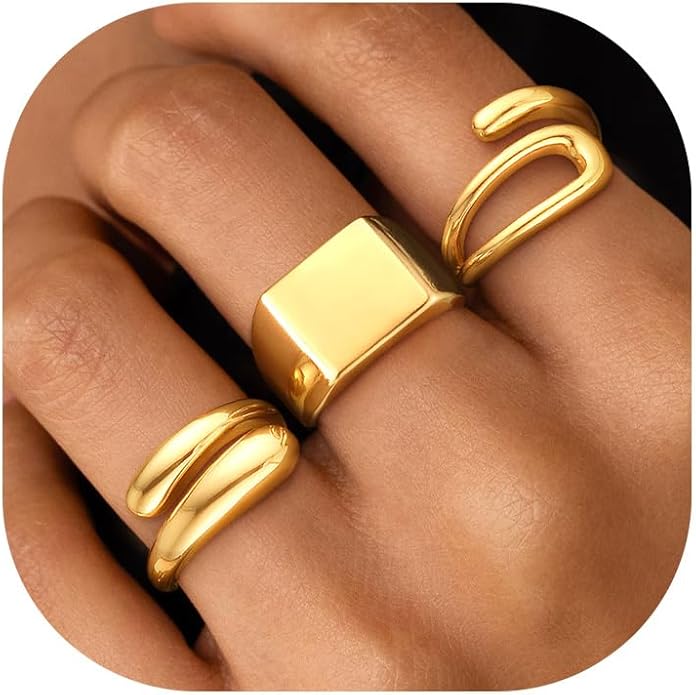 ZOERAY Chunky Gold Rings for Women Non Tarnish Trendy 14k Gold Plated Adjustable Signet Band Stackable Thumb Ring Set Open Twist Dome Statement Stacking Rings Jewelry Gifts for Women Size 5-10