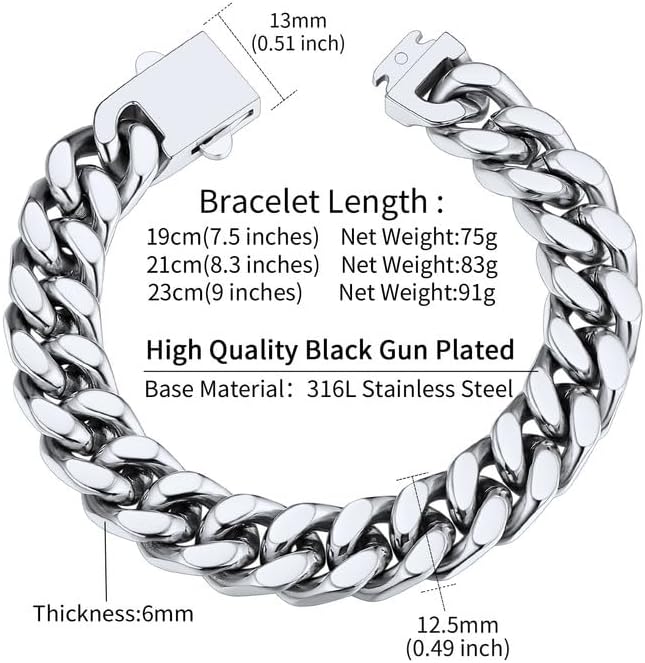 ChainsHouse Stainless Steel Cuban Link Bracelet for Men, 5mm/7mm/9mm/12mm Width, 7.5"/8.3"/9" Length, Black/18K Gold Plated Chain Wrist Bracelets for Men, with Gift Box