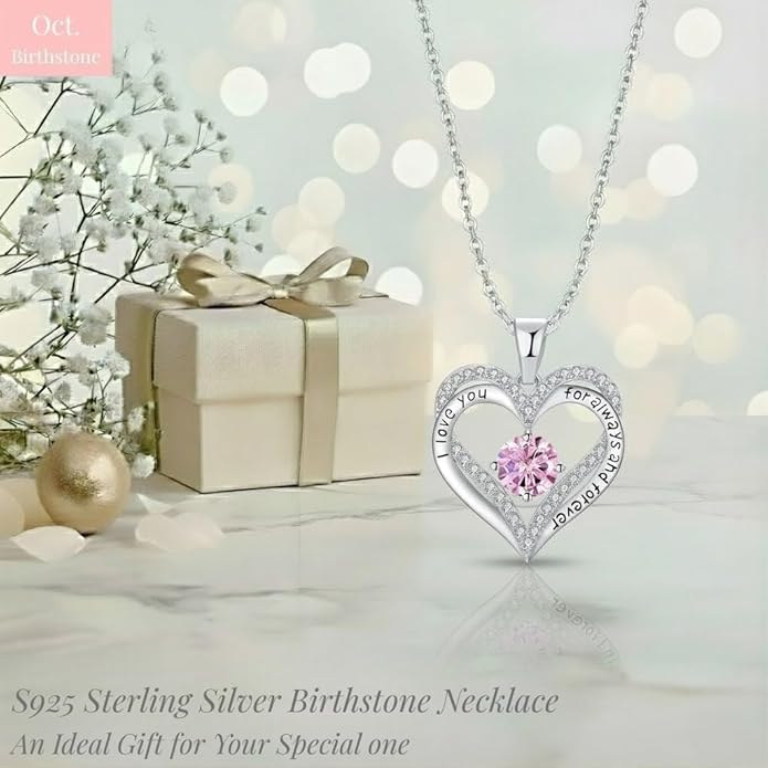 Birthstone Heart Necklace for Women Wife Girlfriend Mom Daughter Gifts S925 Silver Jewelry For Anniversary Rose Gold Gifts For Birthday Christmas Mothers Valentines Day