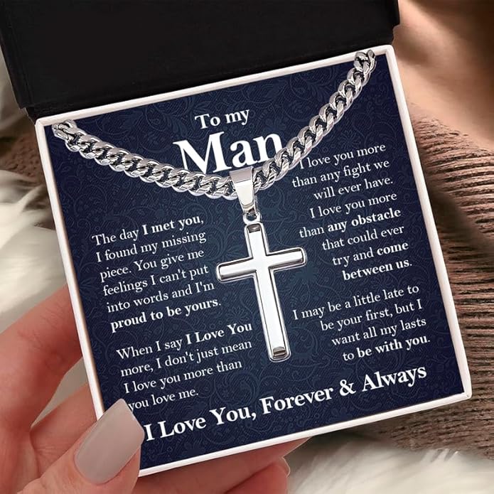 SUTERY Cross Cuban Chain Necklace - Promise Necklace for Him, Necklace for Boyfriend, Mens Necklace for Fiance, Valentine's Day