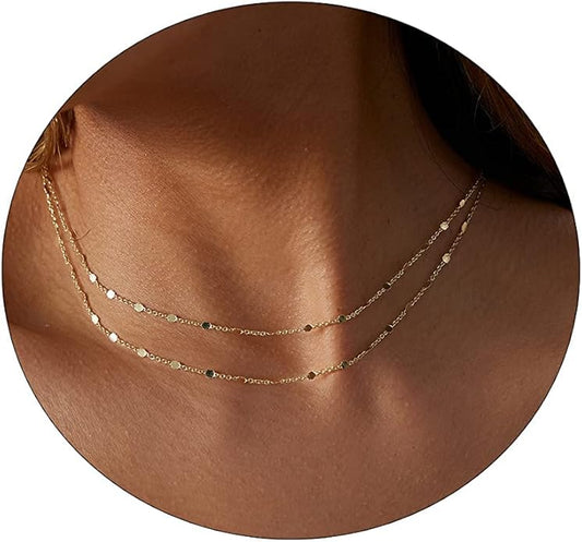 CAROVO Dainty Gold Chain Choker Necklace for Women 18K Gold Plated Minimalist Figaro Beaded Lace Satellite Coin Chain Necklace Delicate Choker Jewelry Gifts for Women