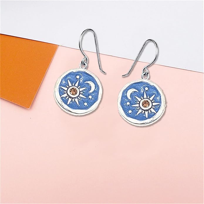 MALOYANVE Vintage Sun and Moon Drop Dangle Earrings for Women Unique lightweight Handmade Retro Boho Antiqued Gold Silver Round Coin Earrings for Women Jewelry