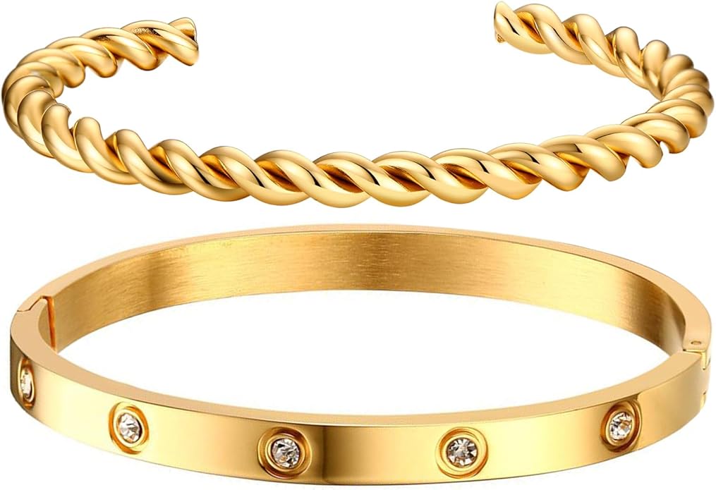 MPRAINBOW Gold Bracelets for Women, 2Pcs 18K Gold Plated Cubic Zirconia Bangle Crystal Friendship Bracelet Jewelry,Wedding Party Christmas Birthday Gifts for Her Girlfriend Sister Daughter